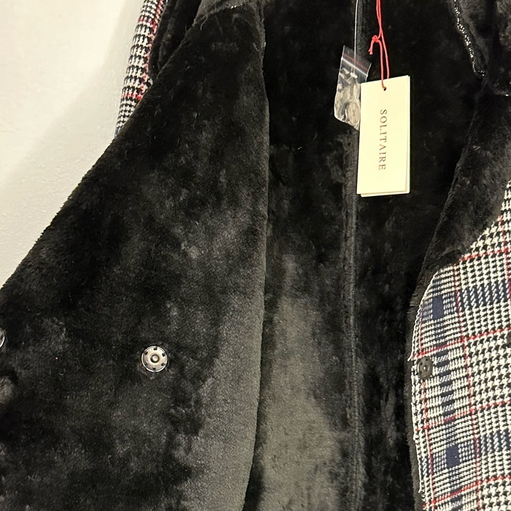 Solitaire Twill & Faux Fur Convertible Faux Sherpa Lined Pocket Jacket Belt Coat - Picture 4 of 7